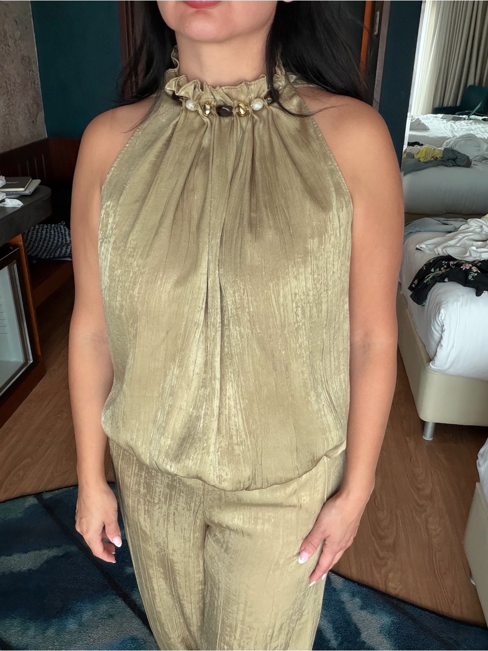 Zara Olive Gold Halter Camisole with Beaded Neckline